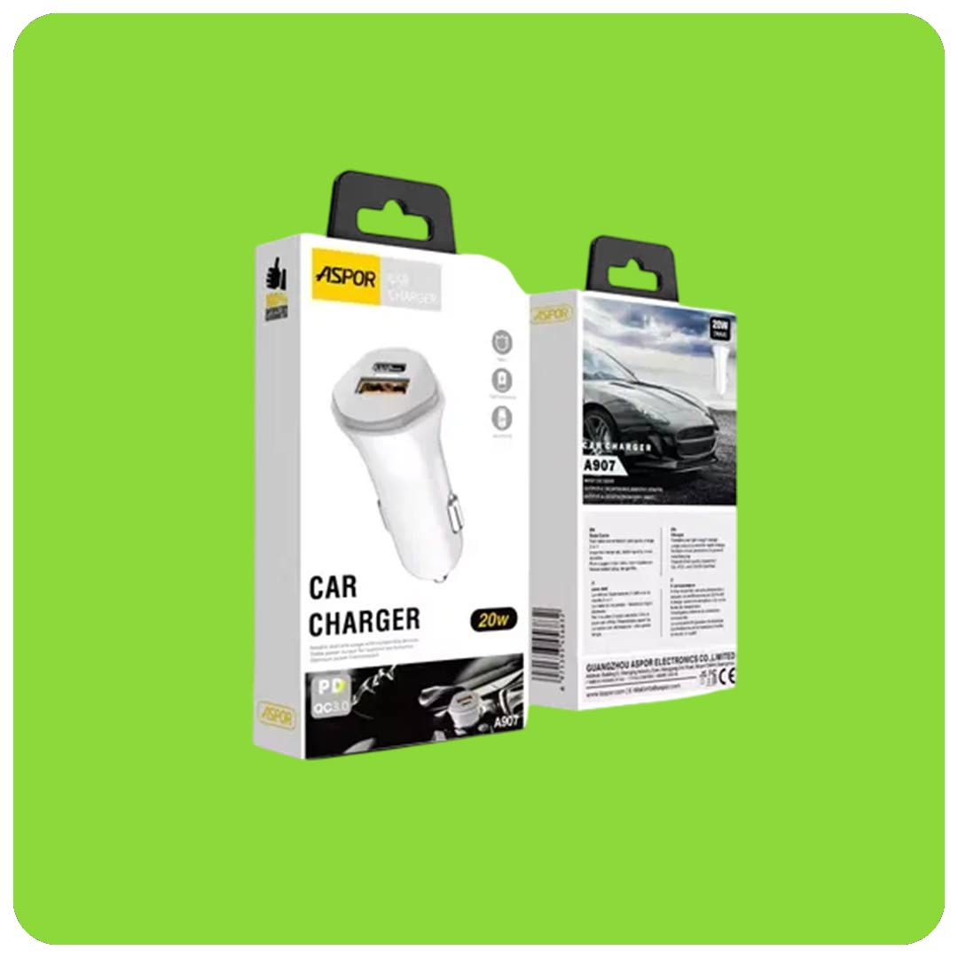 Aspor 20W Fast Car Charger Adapter – Universal PD & QC3.0 Dual Port Charger for All Mobile Phones