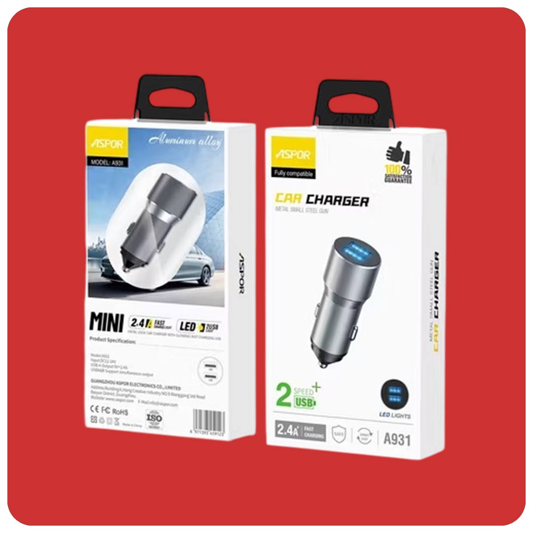 Aspor A931 Dual USB Metal Car Charger – 2.4A Fast Charging Adapter for Mobile Phones & Devices (2-Port IQ Smart Charger)