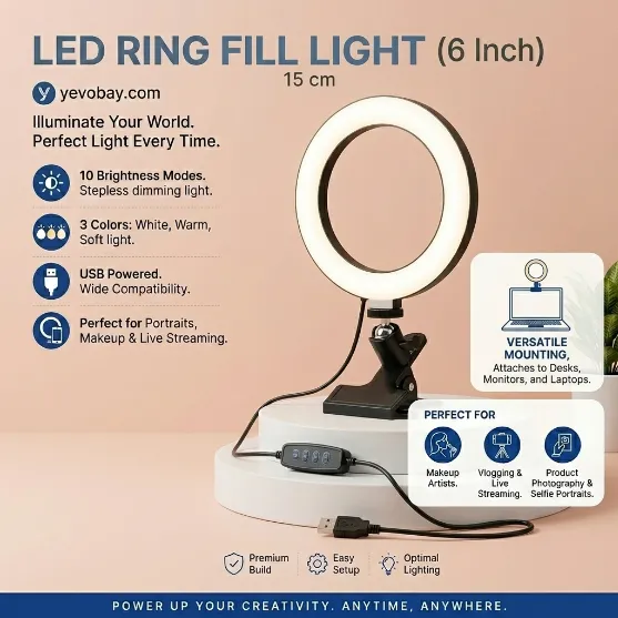 LED Ring Fill Light 6 inch mounting clamp