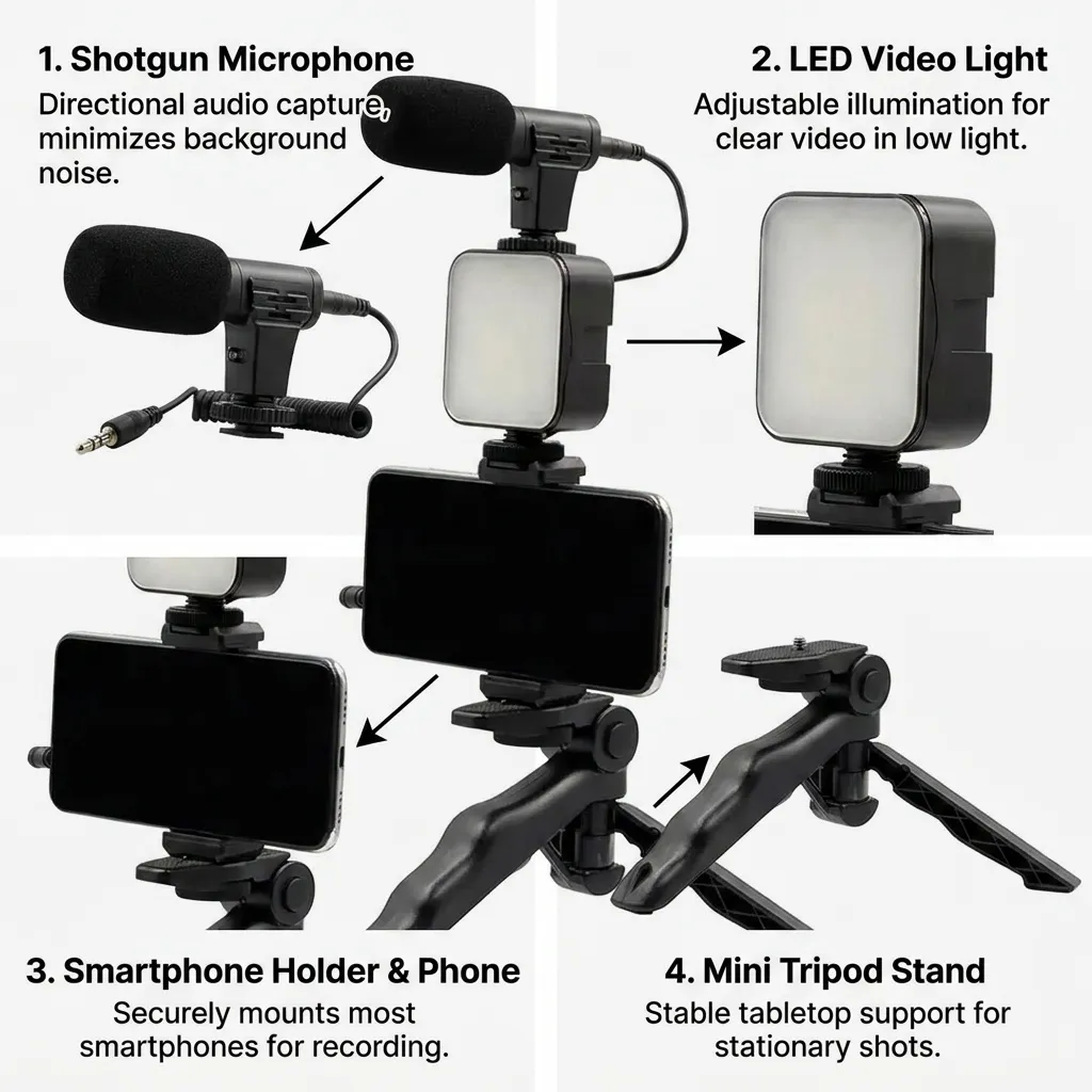 PLOKAMA PK-771 5-in-1 Video Rig Camera Mount Stabilizer with Mic & LED Light for Smartphone Filmmaking – Sri Lanka
