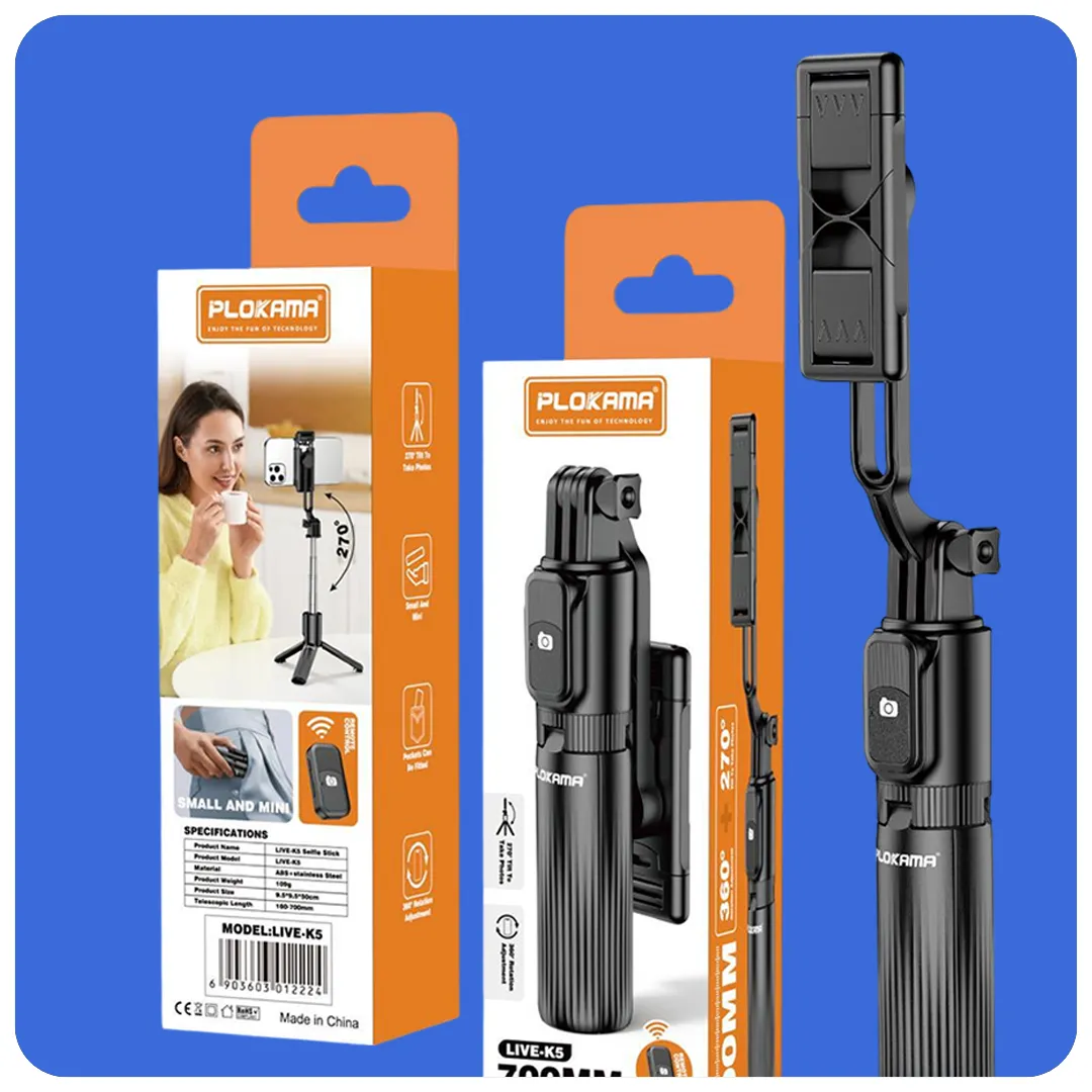 Plokama K5 Mini Bluetooth Selfie Stick 3-in-1 Tripod & Phone Holder