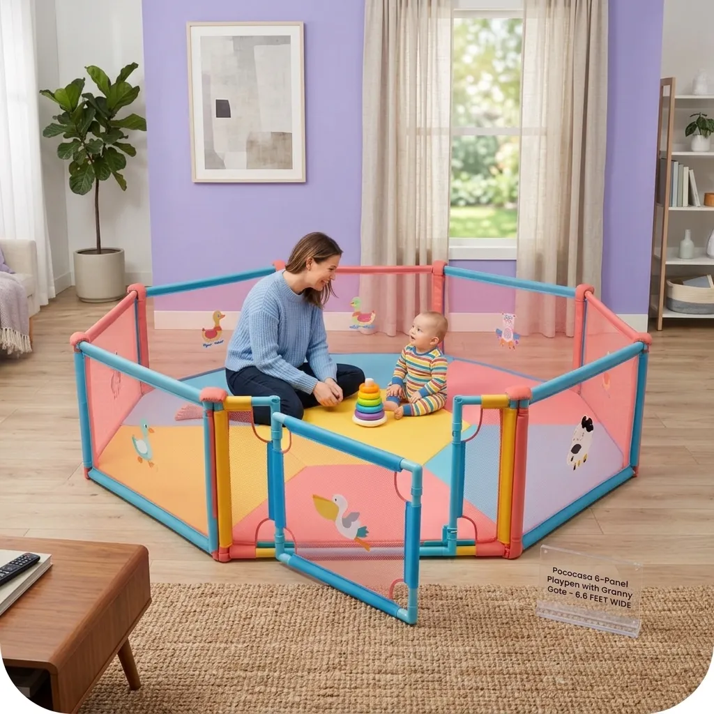 Pococasa 6 panel playpen + granny gate with mattress 6.6 FEET