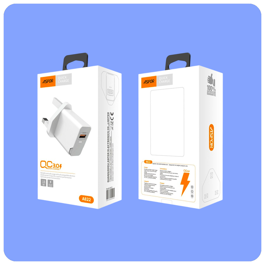 Aspor A822 Quick Charge 3.0 Wall Charger  Fast Charging Adapter with Type-C & Micro USB Cable Support