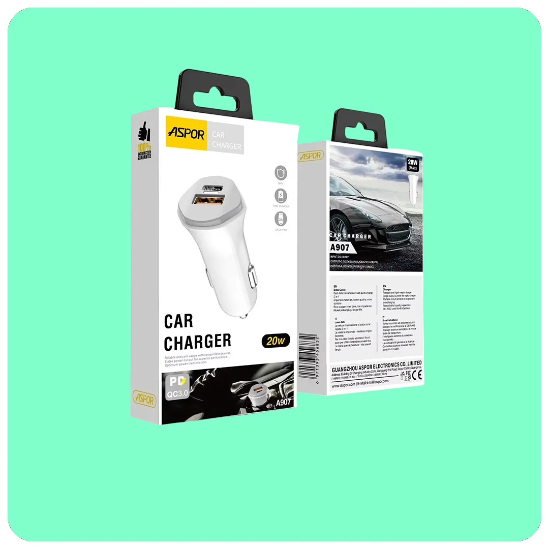 Aspor 20W Fast Car Charger Adapter – Universal PD & QC3.0 Dual Port Charger for All Mobile Phones