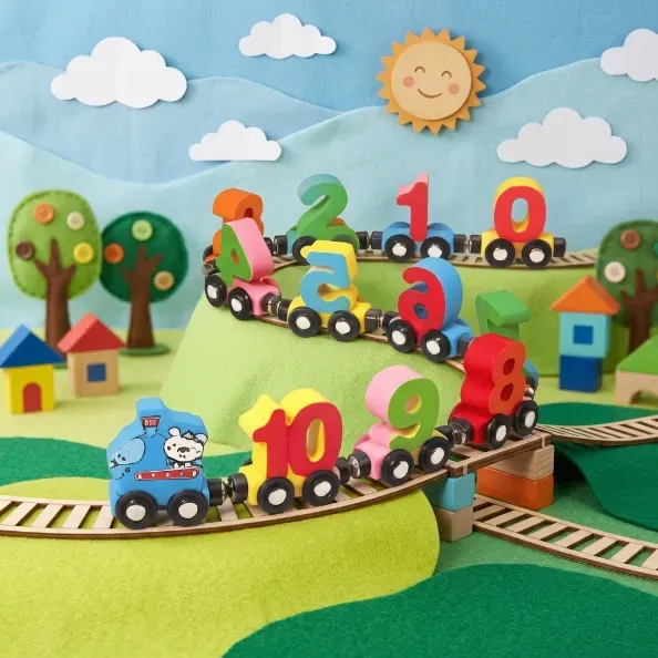 Children's educational wooden toy 12 section magnetic digital car puzzle assembly