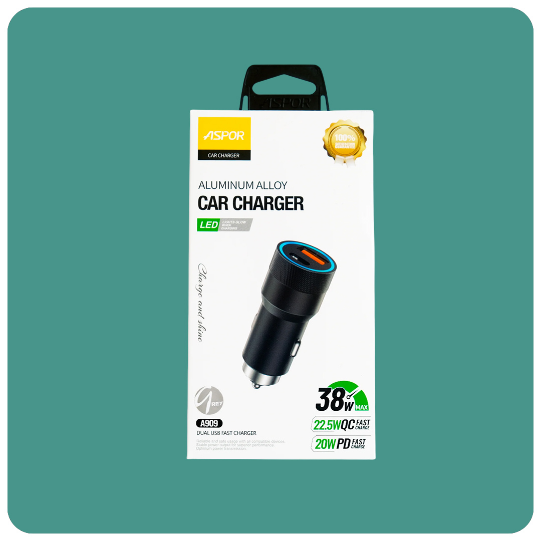 Aspor A909 38W Dual Input Fast Car Charger – USB & Type-C Power Adapter (Gray)
