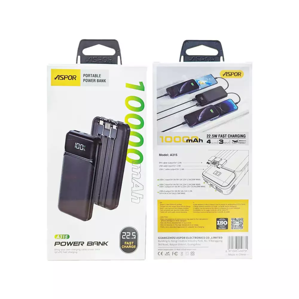 Aspor 10000mAh Power bank 22.5w Output - A315