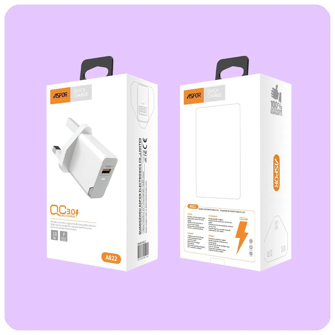 Aspor A822 Quick Charge 3.0 Wall Charger  Fast Charging Adapter with Type-C & Micro USB Cable Support