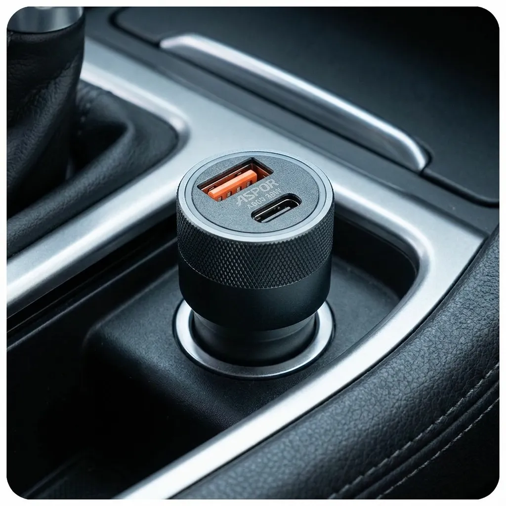Aspor A909 38W Dual Input Fast Car Charger – USB & Type-C Power Adapter (Gray)